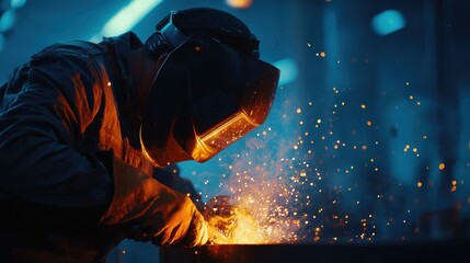 Focused welder in dark workshop with bright sparks