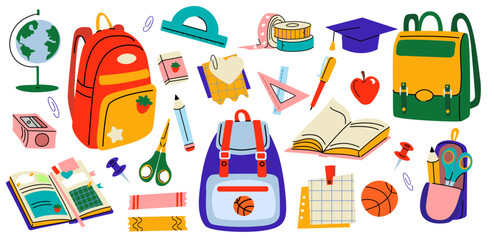 Colorful school supplies set with backpacks, books, stationery, and learning study tools. Fun and vibrant illustration isolated. Perfect for back to school designs.