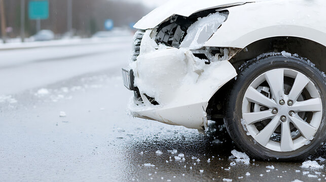 Wrecked car in winter accident with damage to front end. Ice covers the bumper and tire.  Winter weather car accident on icy roads cause danger and damages.