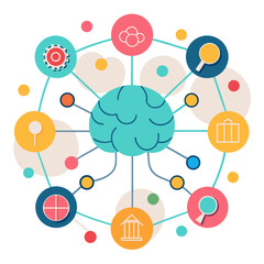 Stylish mind map with nodes and icons representing concepts and ideas in vibrant flat design