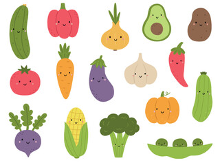 A set of cute kawaii vegetables. Vector illustration isolated on a white background