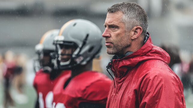 Focused coach observes football practice in rainy weather with athletes in helmets