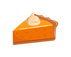 A delicious slice of pumpkin pie topped with creamy whipped cream. The illustration showcases a golden-brown crust and a vibrant orange filling, perfect for autumn-themed designs and dessert lovers.