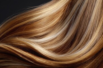 Fototapeta premium Smooth flowing strands of blonde and brunet hair creating a stunning visual display against a dark background