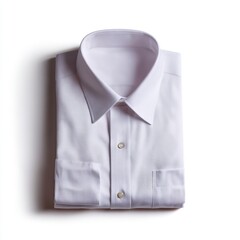 A plain white dress shirt, folded, isolated on a pure white background. Formal apparel, classic.