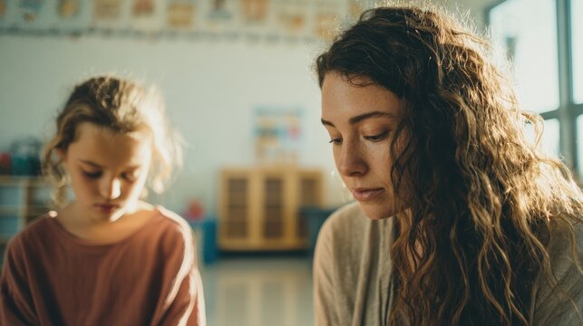 Young caucasian female teacher and child in a classroom setting