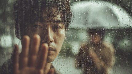 Pensive young asian male at rainy window with blurry figure under umbrella