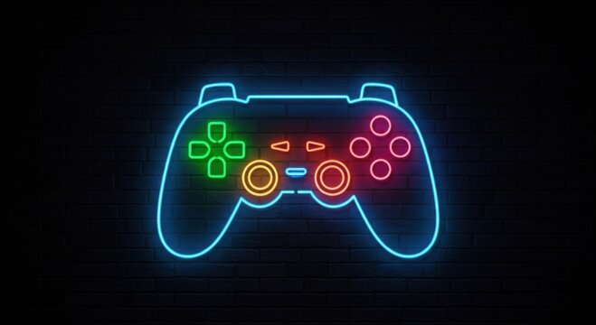 Vibrant neon game controller sign illuminates a dark brick wall creating an electric atmosphere for gaming enthusiasts