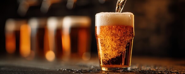 Pouring amber beer into glass with foam on bar counter