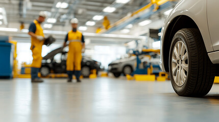 Fototapeta premium Auto technicians working in a repair shop with vehicles on lifts and close-up of a car tire. The atmosphere is professional and focused on service.
