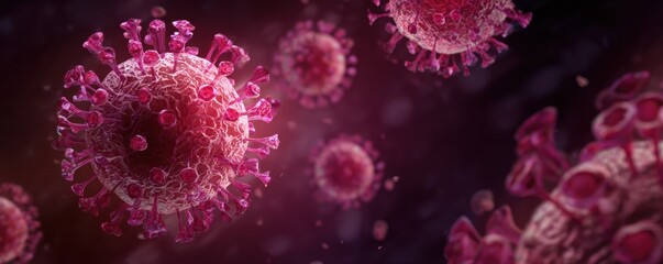 Close-up of colorful virus particles in dark space
