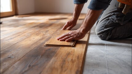 Caucasian male laying wooden floor panels in sunlit room