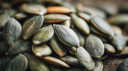 Close-up of raw pumpkin seeds with green-gray shells on wooden surface