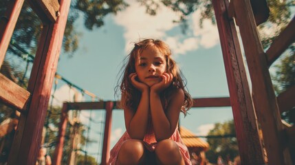Young caucasian female child on playground in summer daylight