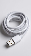 A generic white charging cable coiled neatly, isolated on a white seamless background. Tech accessory, organized.