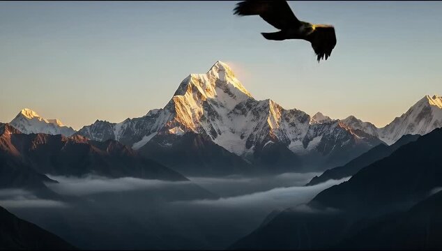 A breathtaking and majestic cinematic shot of a snow-capped mountain peak in Pakistan's Karakoram range at sunrise, with eagles soaring freely.