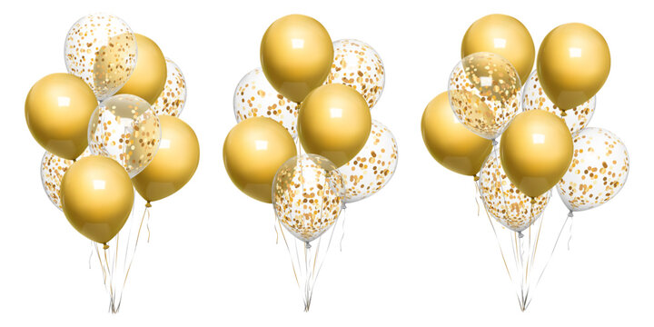 Golden balloon bday bunch, 3d birthday balls float on ribbon. Beige confetti vector balons on gold string, happy anniversary party decor mockup. Air helium inflated bound event congratulation gift