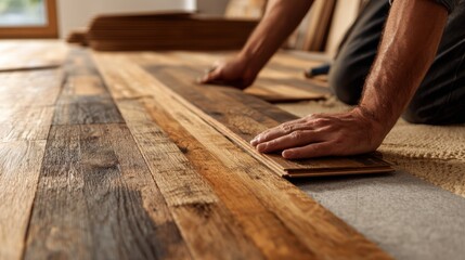 Caucasian adult male installing rustic wooden flooring in home renovation project