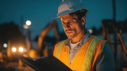 Caucasian male construction worker reviewing plans at dusk, wearing helmet and safety vest