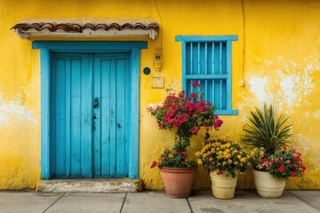 Fototapeta premium Bright yellow wall with vibrant blue door creates a charming appeal at a colorful street corner filled with blooming potted flowers in the afternoon light