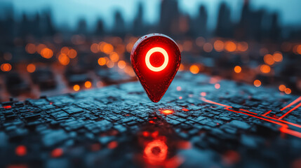 Red dot is on a blue background with a city in the background. The dot is a GPS point
