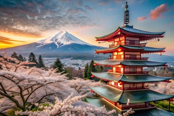 Mount Fuji and Chureito Pagoda with Cherry Blossoms at Sunset