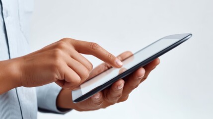 A person using a tablet to read an e-book, isolated on a white background. Digital reading, learning.