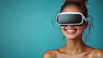 Naklejka premium Woman wearing a virtual reality headset is smiling. Concept of excitement and anticipation for the experience of using the VR headset