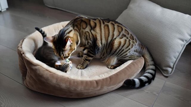 cute cat licking little kitten in apartment