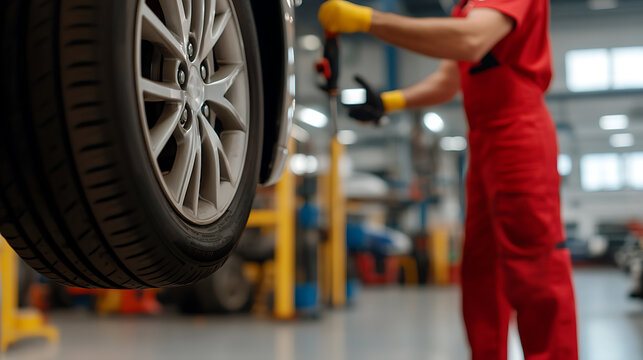 Car wheel repair at a vehicle service center by a mechanic in overalls.