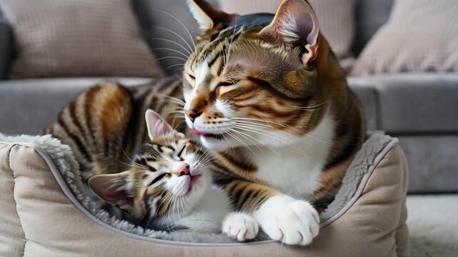 cute cat licking little kitten in apartment