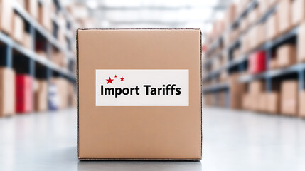 Global trade and economics - Box with 'Import Tariffs' label, stock image, emphasizing the effects of taxation on international trade.