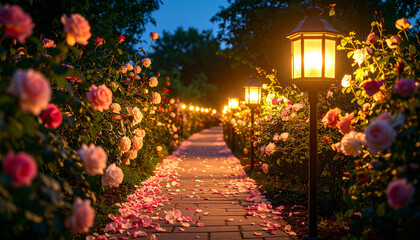 Fototapeta premium Romantic Rose Garden Path Illuminated Walkway at Twilight with Blossoms