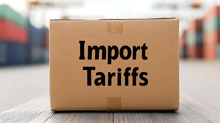 Cardboard box with the words "Import Tariffs" printed on it, set against a warehouse backdrop. Suggests trade policies and economic factors.