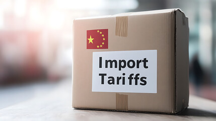 Import Tariffs on a Cardboard Box: Represents trade tensions, economic policy, and the impact on global commerce. Trade negotiations and tariffs.