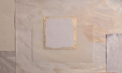 Beige, silver, gold frame watercolor painting paper empty card blank wall. Abstract texture copy...