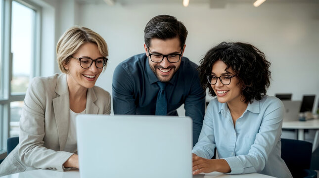 Laptop, collaboration and business people in the office while working on a company project. Technology, joyful group of three diverse professionals gathered around a laptop in a bright, modern office