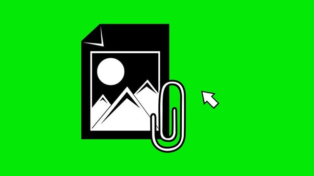 video animation black and white icon click computer cursor mouse on attach pc jpg image picture file format concept, on a green chroma key background