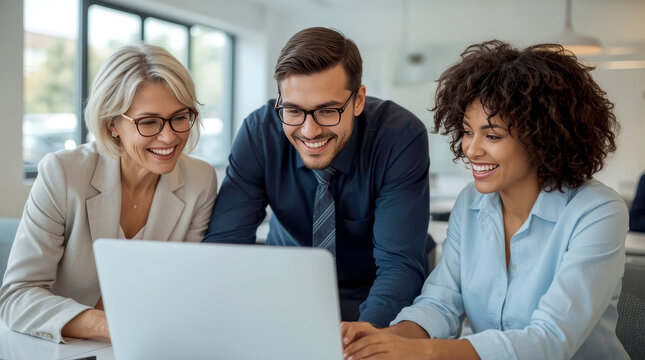 Laptop, collaboration and business people in the office while working on a company project. Technology, joyful group of three diverse professionals gathered around a laptop in a bright, modern office