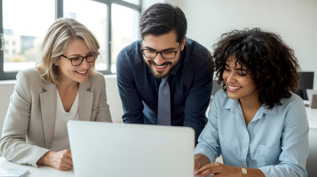Laptop, collaboration and business people in the office while working on a company project. Technology, joyful group of three diverse professionals gathered around a laptop in a bright, modern office