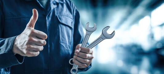 The mechanic showing tools and a thumbs-up in a workshop setting.