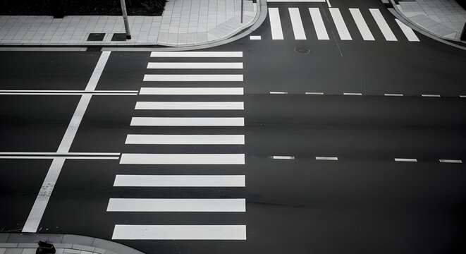 Striking monochrome road intersection featuring pedestrian crossing and lane markings