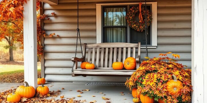 Rustic porch swing, pumpkins, falling leaves, autumnal colors, orange, texture