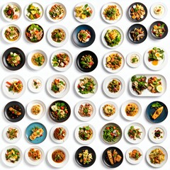 Diverse culinary dishes arranged systematically offering a spectrum of flavors on white background