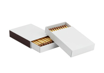 Two open matchboxes filled with wooden matches isolated on white background