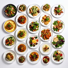 Assortment of diverse culinary dishes beautifully arranged against a stark backdrop on white background