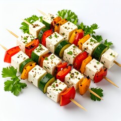 Colorful vegetable and feta skewers, a healthy and vibrant food presentation on white background