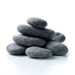 A neatly arranged pile of smooth, dark grey beach stones, isolated on a pure white background. Calm, contrast.