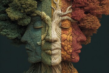 Illustration depicting the four seasons through the faces of nature's guardians representing spring, summer, autumn, and winter in a harmonious blend of colors and textures