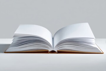 Fototapeta premium An open, blank hardcover book lying flat on a white surface, ready for text or graphics. Education, storytelling, knowledge concept.
